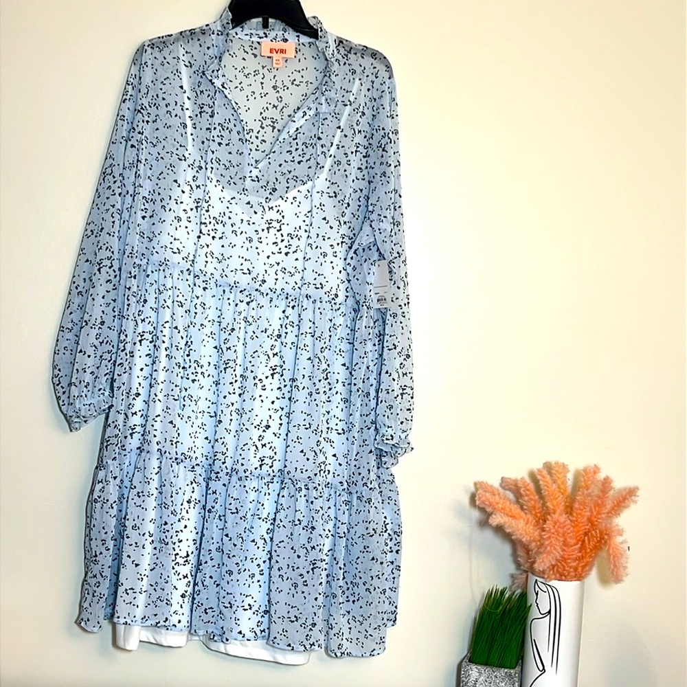 EVRI Blue Tiered Ruffle Chiffon Long Sleeve Short Dress 0X 14